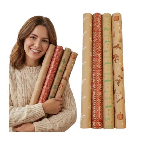 Papier do pakowania prezentów z motywami świątecznymi EKO ECO 70cm x 200cm zestaw 4 szt WZ3