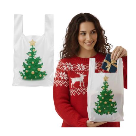 Reklamówki jednorazowe świąteczne 25+2f5/45cm 35x45cm 0,013 100szt HDPE nadruk choinka